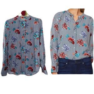 LOFT Button Front Pinstripe and Blue Floral Print Blouse